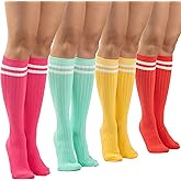 Sirici Knee Socks | 4 Pairs Striped Cotton Knee High Socks For Women | Tube Socks for girls (White w