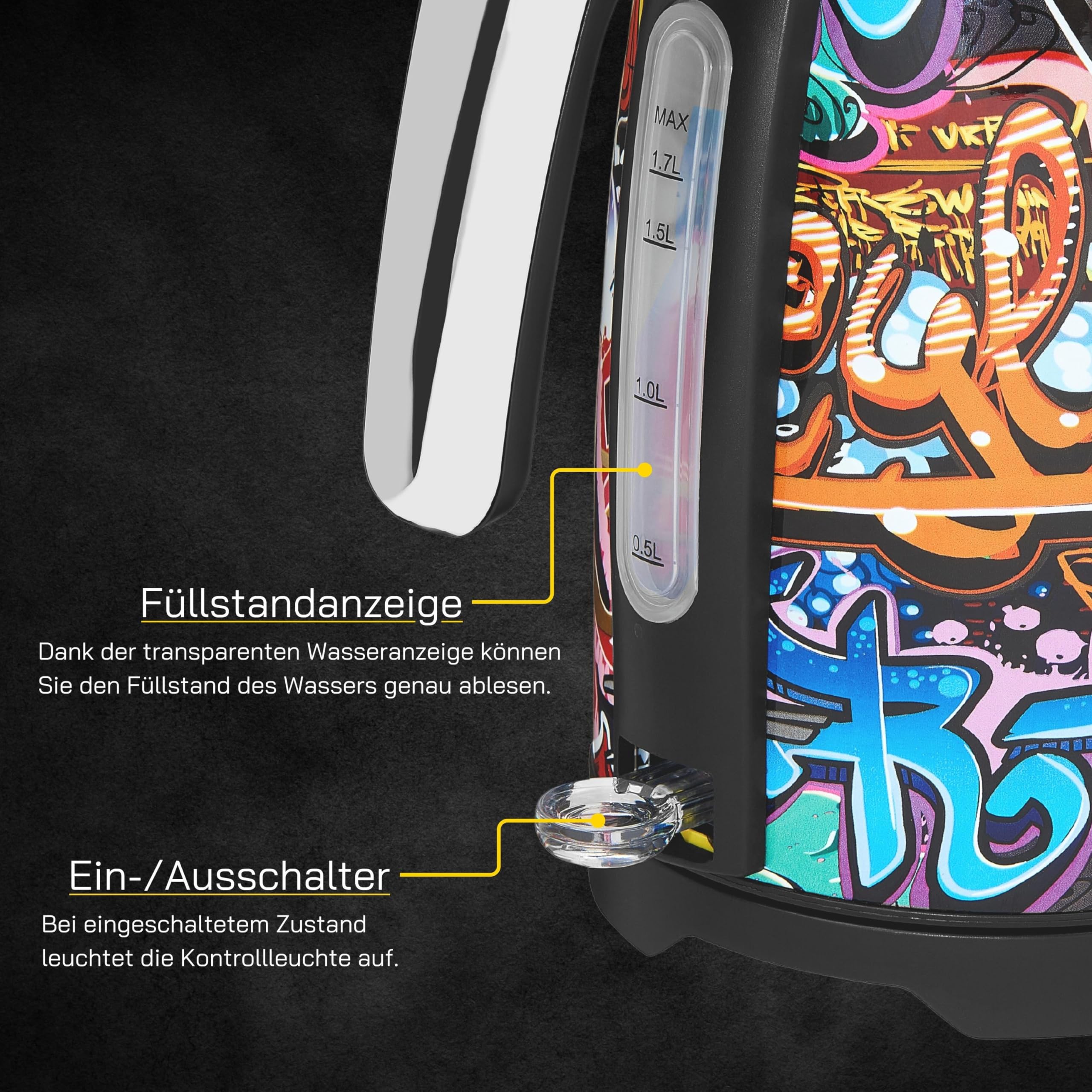 GUTFELS Wasserkocher Bunt WATER 3010 G – Graffiti-Style Design, 1,7 Liter, 2200 Watt, Kalkfilter, Uberhitzungsschutz, Trockengehschutz, 360-Grad-Sockel 3