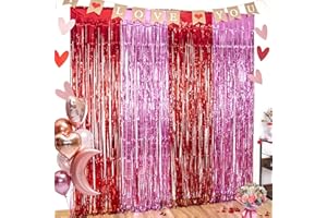 LOLStar 3 Pack Valentines Foil Fringe Curtains Valentine's Day Party Decorations 3.3X6.6 ft Red Pink Tinsel Metallic Photo Booth Props Backdrop Streamers for Valentine's Day Decor Birthday Wedding