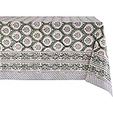 ATOSII Kari Green 100% Cotton Rectangle Fall Tablecloth, Block Print Floral Table Cloth Linen for Dining, Parties, Outdoors, Christmas, Thanksgiving, Grandmillennial Decor 60 X 90 Inches I 6 Seater
