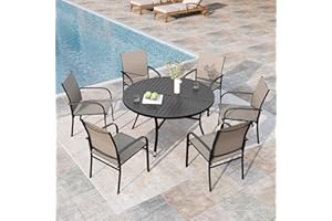 MIXPATIO 7 Pieces Outdoor Table and Chairs, Patio Dining Set for 6 Includes 54" Round Outdoor Table and 6 Patio Chair Set, Outdoor Dining Furniture Set for Lawn Backyard Deck, Brown