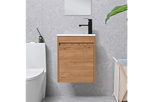 USBATHJOY 16" Bathroom Vanity Sink Combo for Small Space, Wall Mounted Bathroom Cabinet Set with White Resin Basin Sink Top Black Faucet Pop Up Drain Nature