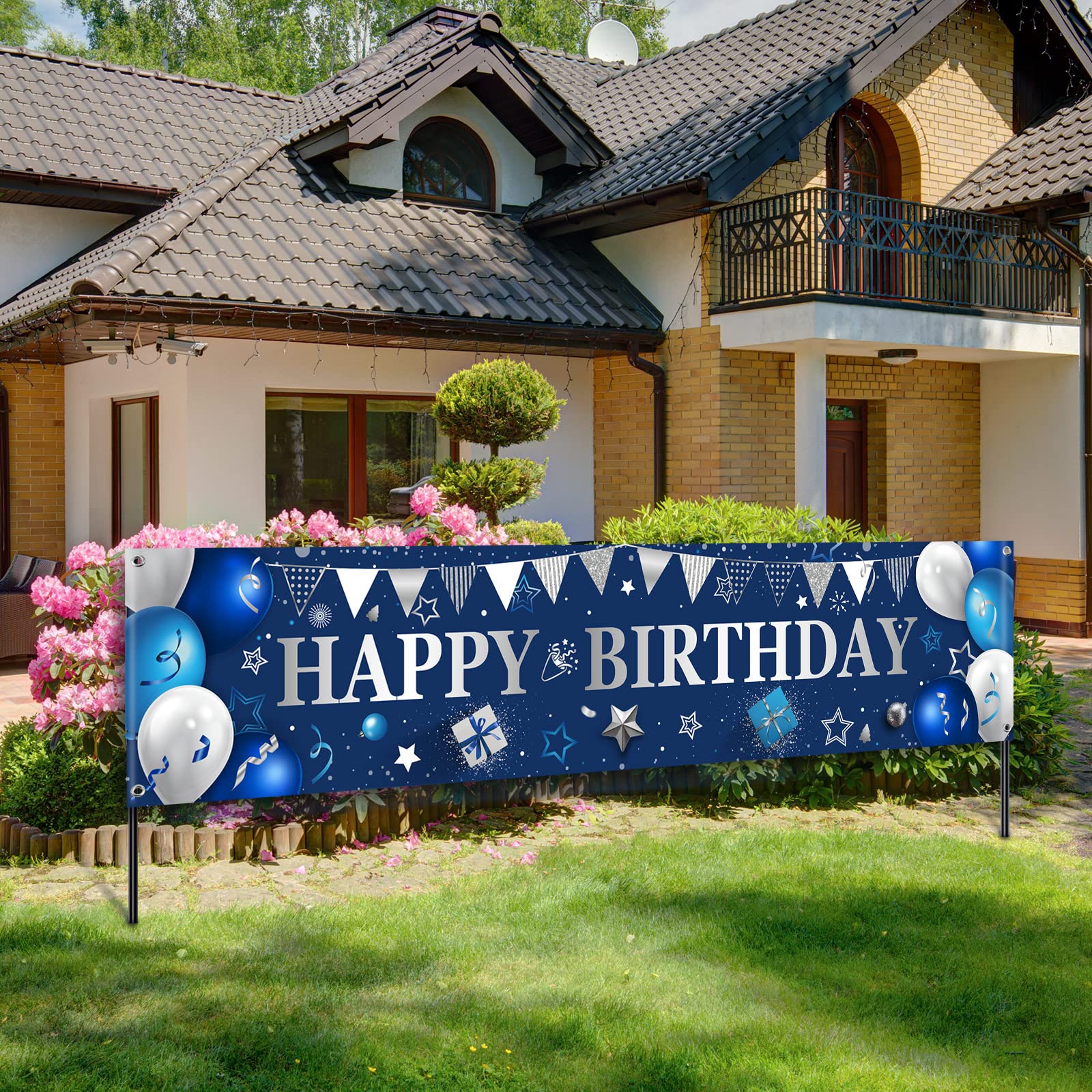 Photo 1 of Yard Banner for Happy Birthday Gifts Large Birthday Banners for Outside Decorations Backdrop for Men Women Party Supplies Outdoor and Indoor(Blue, Silver)