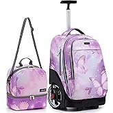 NEW TILAMI 19 Inch Rolling Backpack with Lunch Bag for Girls Boys Wheeled Laptop Backpack Durable Carry-on Bag School Travel, Evening Butterfly