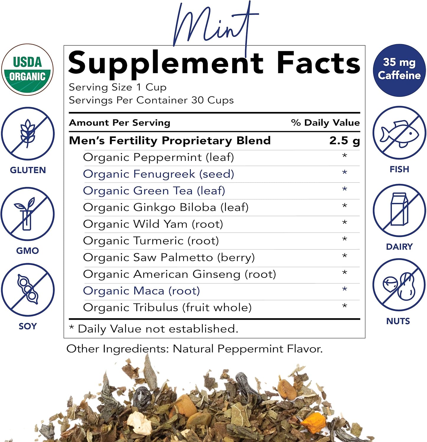 Blue Stork Male Fertility Tea: Mint Tea for Male Reproductive Health, 100% Organic, Fertility Tea for Men, Green Tea, Turmeric, 30 Cups: Health & Personal Care