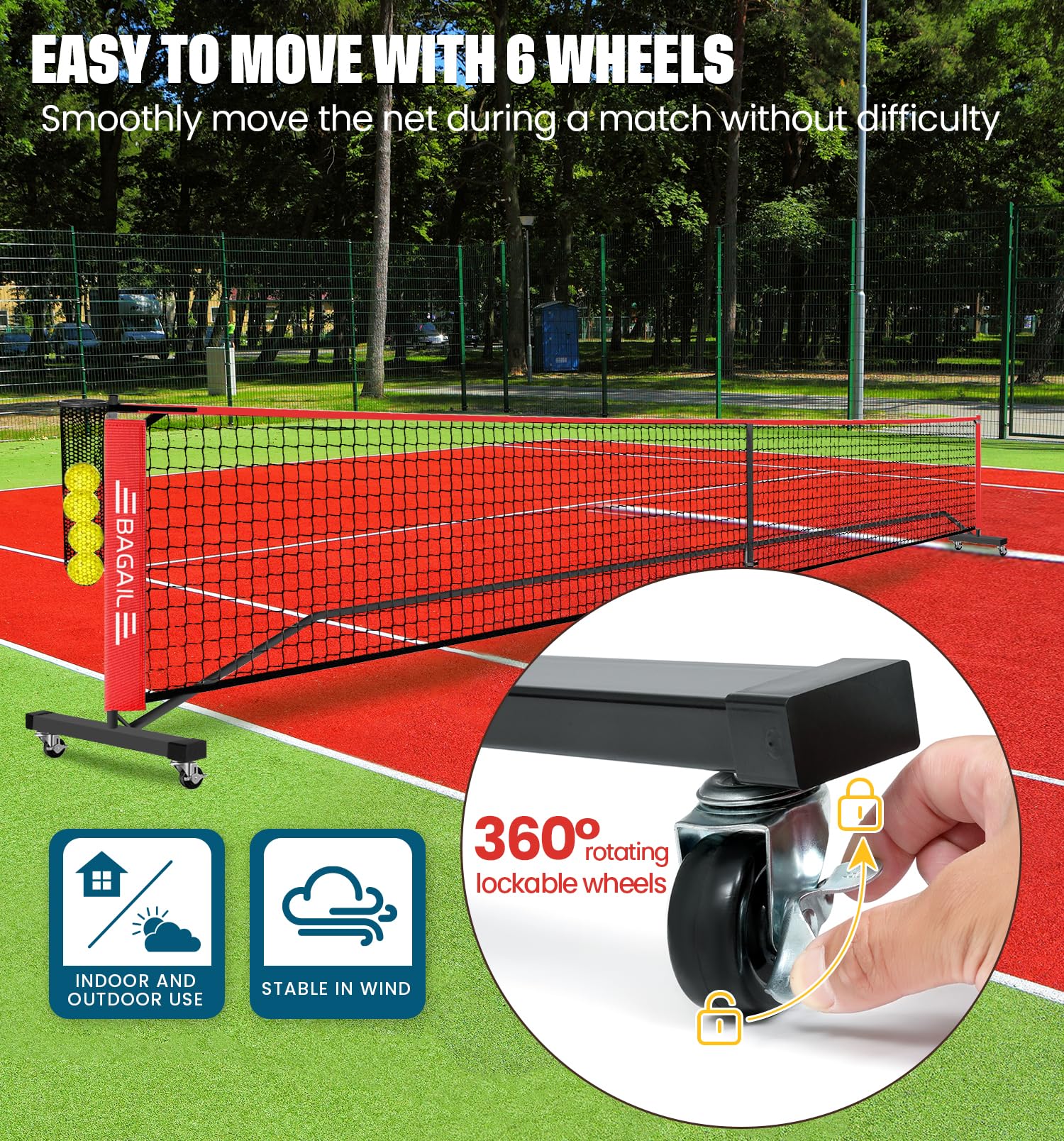 BAGAIL Portable Pickleball Net Set with Wheels, 22 FT Regulation Size & 11 FT Half Court Size 2-in-1 Pickle Ball Net with Ball Collector, Carry Bag, 4 Pickle Balls, Easy Setup for Outdoor Indoor