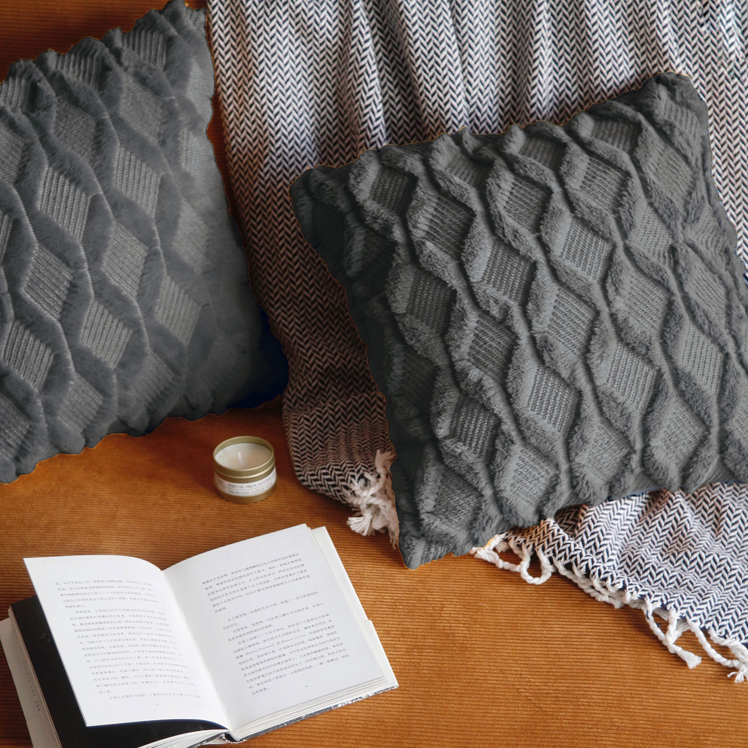 Pagnanno. Set of 2 Soft Velvet Cushion Covers 45x45cm(18x18 Inches) Fluff Throw Pillowcases Square Cushion Covers for Chairs,living room,bedroom with Invisible Zipper (18"x18" (Pack of 2), Dark Grey) — image 1