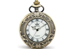 SEWOR Quartz Pocket Watch Shell Dial Magnifier Case with Two Type Chain (Leather+Metal) (Bronze)