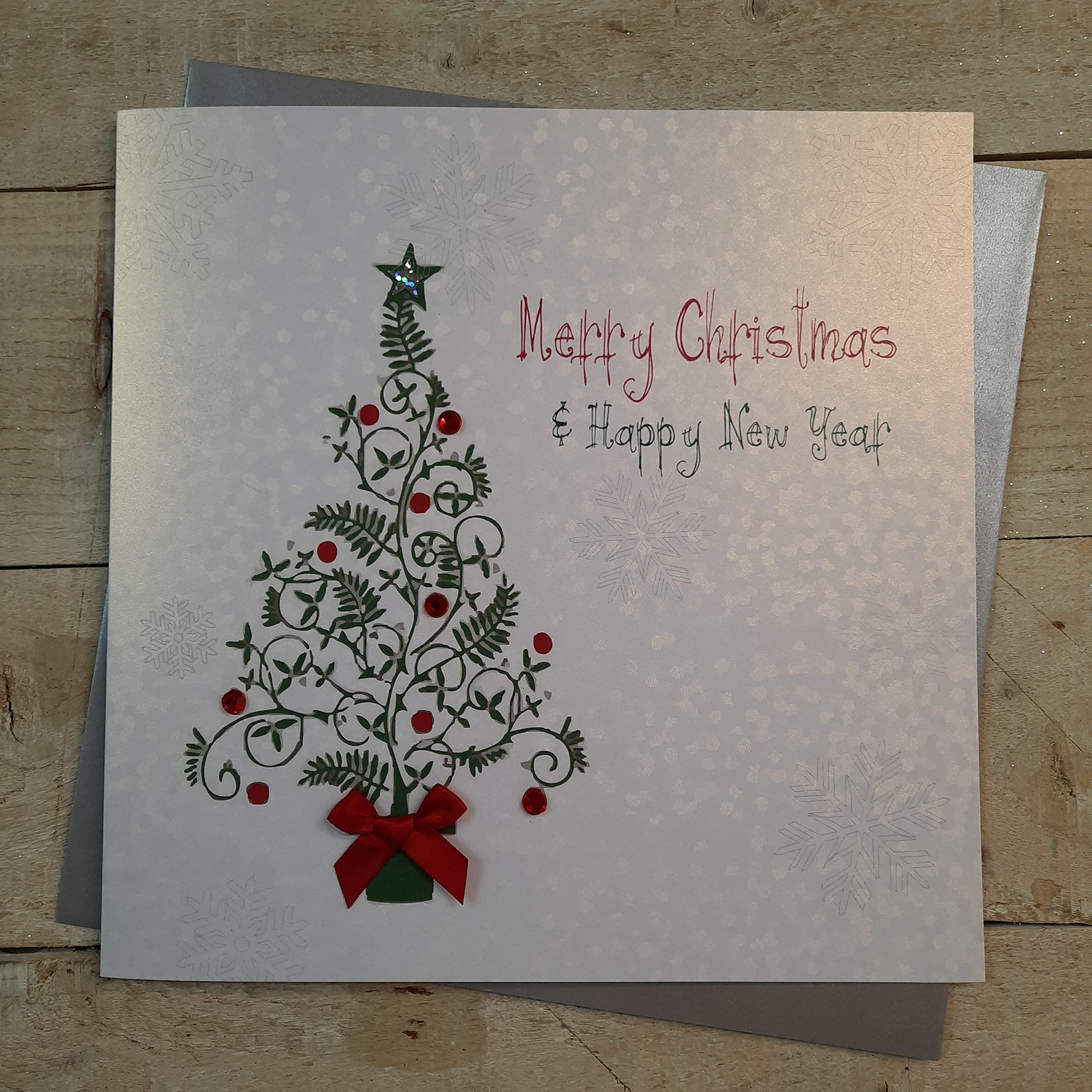 White Cotton Cards Code XFP6 Merry Christmas and Happy New Year Large Handmade Card, Tree