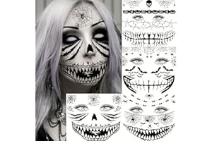 EGMBGM 4 Sheets Scary Halloween Face Temporary Tattoos For Women Men, 3D Witch Zombie Makeup Kit For Kids Girls Boys Adults, Dia de los muertos Day of the Dead Makeup Face Tattoos Spider Web Bat Scar