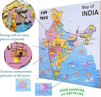 WOODEN MAP Educational Wooden Indian Map Puzzles with Multicolour Sticker Images of Most Famous Monuments in All States - 14 Pieces