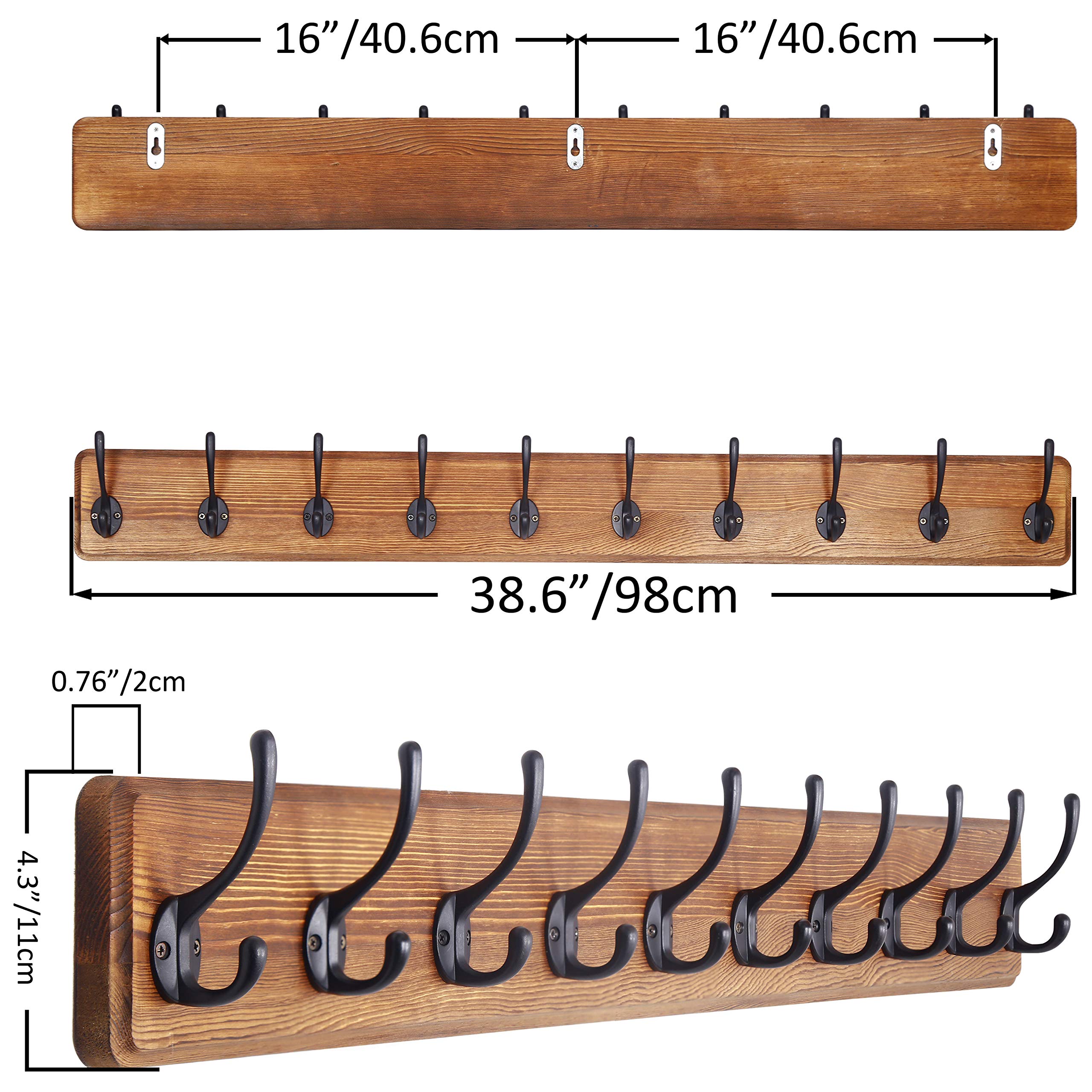 SKOLOO Rustic Wall Mounted Coat Rack 16inches Hole to Hole, Pine Solid Wood Coat Hook Hanger