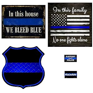 Bundle: Police Wall Decor Metal Signs - We Bleed Blue, in This Family, Thin Blue Line Highway Shield, Support Our Police Magnet & Blue Lives Matter Magnet