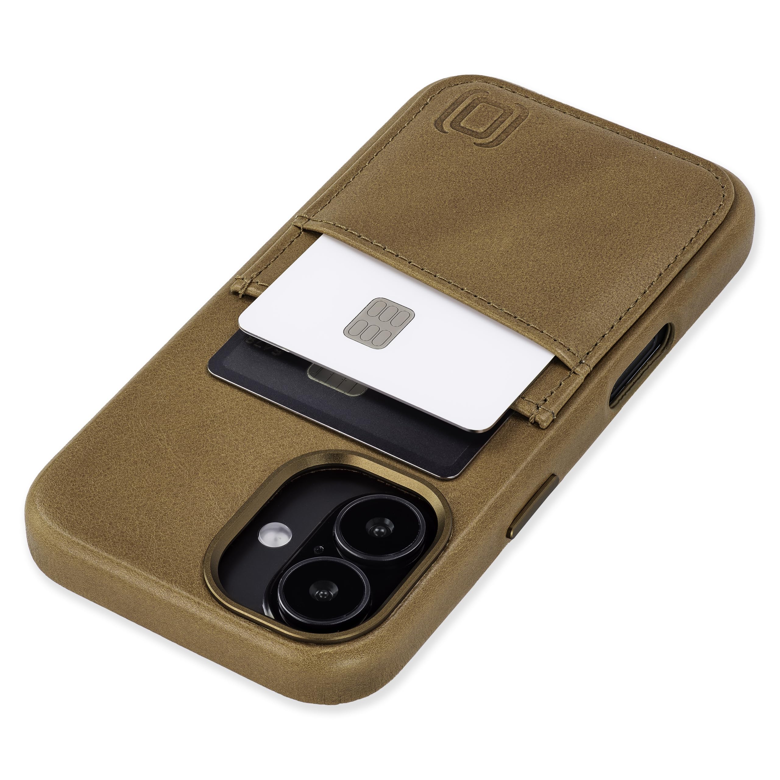 Dockem Genuine Leather Card Case for iPhone 16 with Built-in Metal Plate for Magnetic Mounting, Stitched-on Wallet with 2 Holder Slots (Light Brown, M2GL)