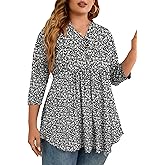 PLOKNRD Women's Plus Size Tops 3/4 Sleeve Henley V Neck Button Up Flowy T Shirts Tunic Loose Blouses