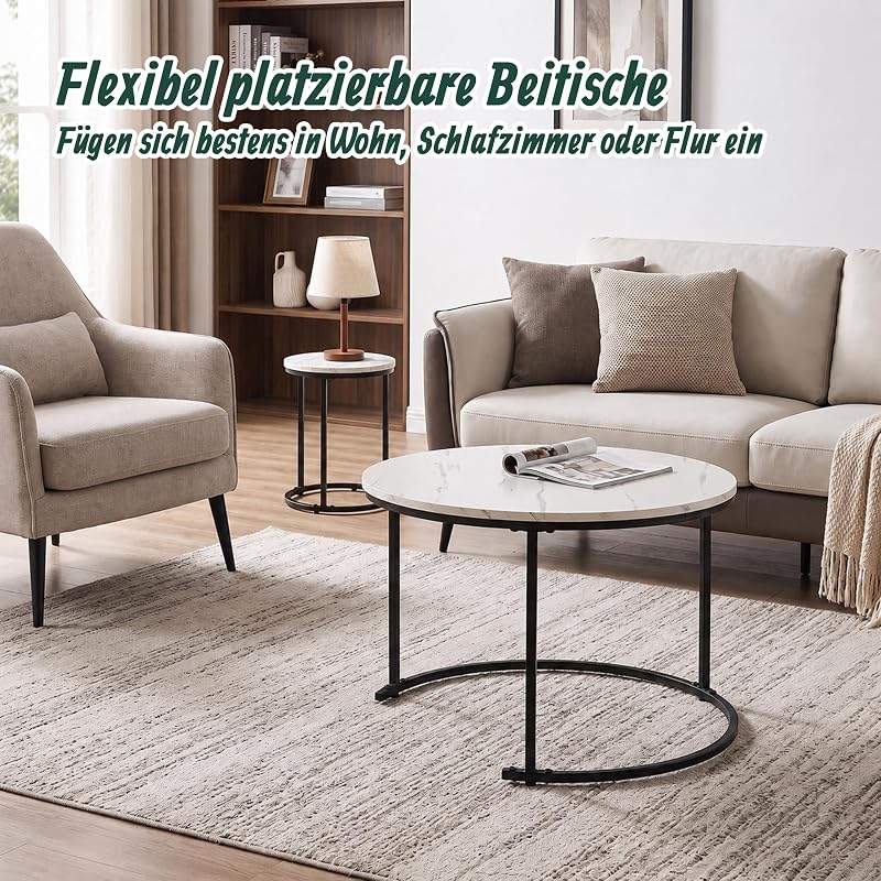 Satztisch, 2er Set, 2 Größen, Marmoroptik, Metall, weiß, schwarz