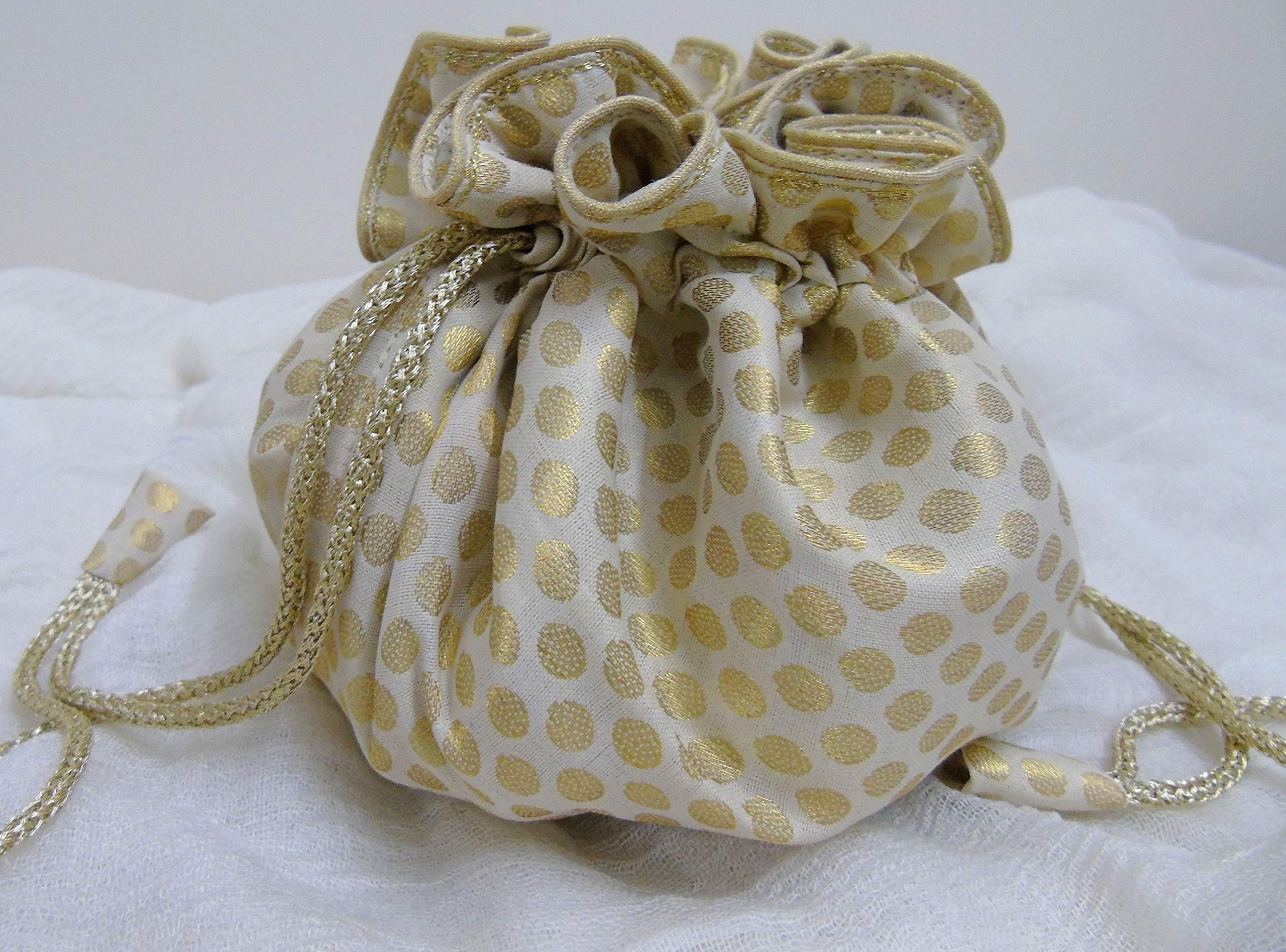 Panigha India Ivory golden dots Jewelry Pouch, Drawstring Pouch with 8 compartments for Travel Use