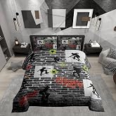 Boys Skateboard Comforter Set Teens Skateboarding Teenager Silhouette Bedding Set Grey Wall Tiles Bedding Home Decor for Kids Comforter Twin Size Hippie Quilted Duvet Set 1 Comforter with 1 Pillowcase