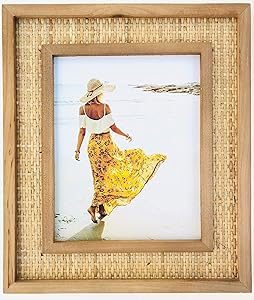Fairwood Way Rattan and Wood Picture Frame - Boho or Coastal or Beach Photo Frame - Tabletop Stand and Wall Mount… (8" x 10" Opening)