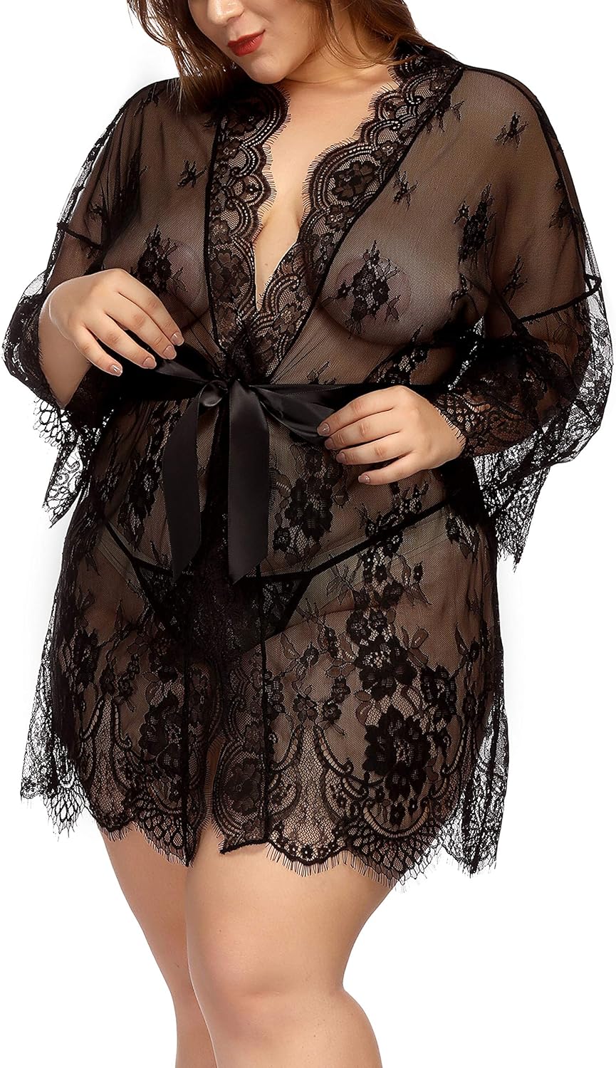 TGD Womens Lingerie Lace Plus Size Kimono Robe Mesh Nightgown Dress Sets at  Women’s Clothing store