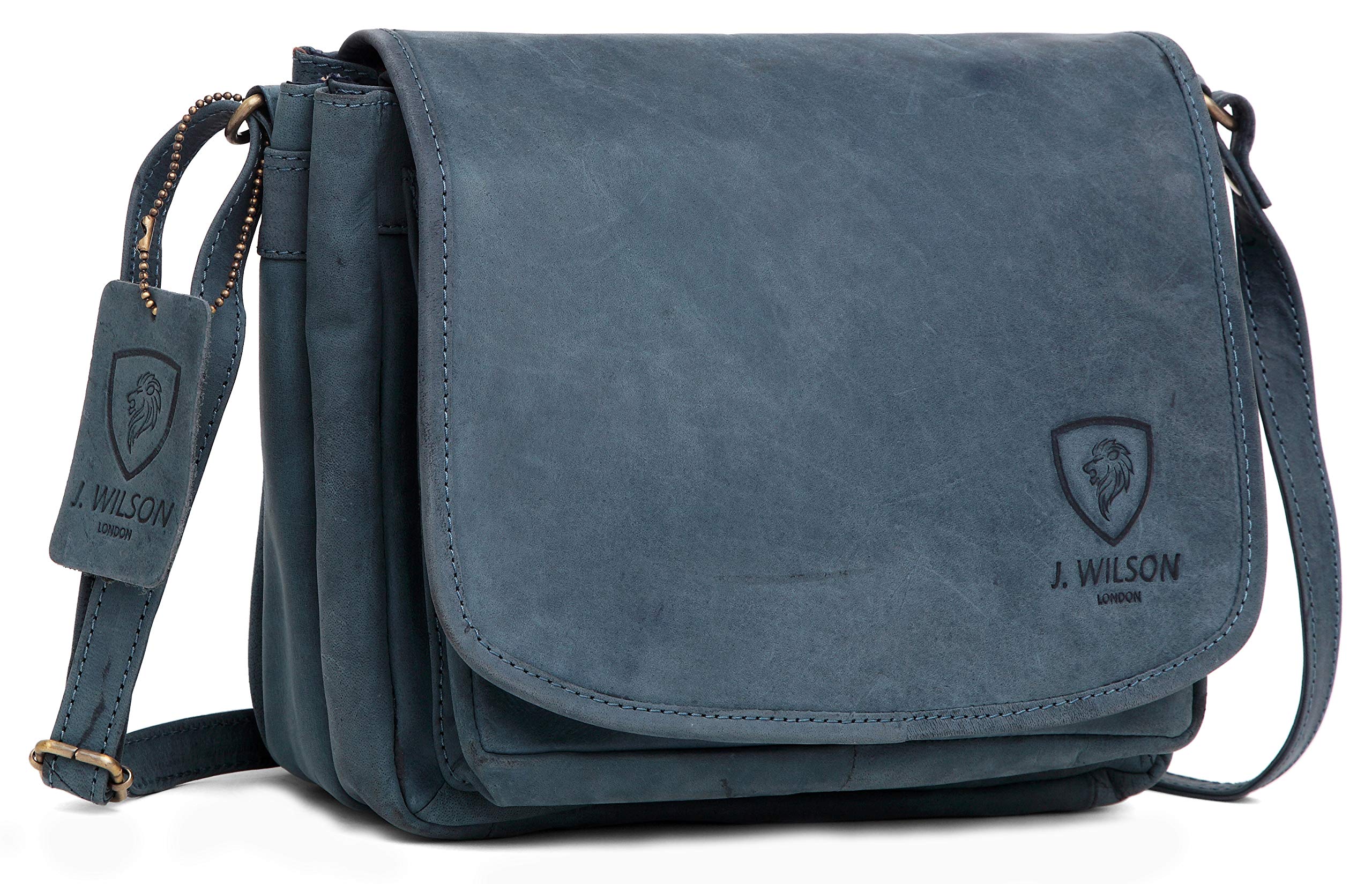 J. Wilson London - Designer Genuine Real Distressed Retro Vintage Hunter Leather Handmade Women Ladies Unisex Flapover Travel Satchel Everyday Crossover Work iPad Shoulder Bag (Distressed Blue)