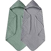 Yoofoss Hooded Baby Towels for Newborn 2 Pack 100% Muslin Organic Cotton Baby Bath Towel with Hood for Babies, Infant, Toddler and Kids, 32x32Inch, Soft and Absorbent Newborn Essential,Grey&Dark Green