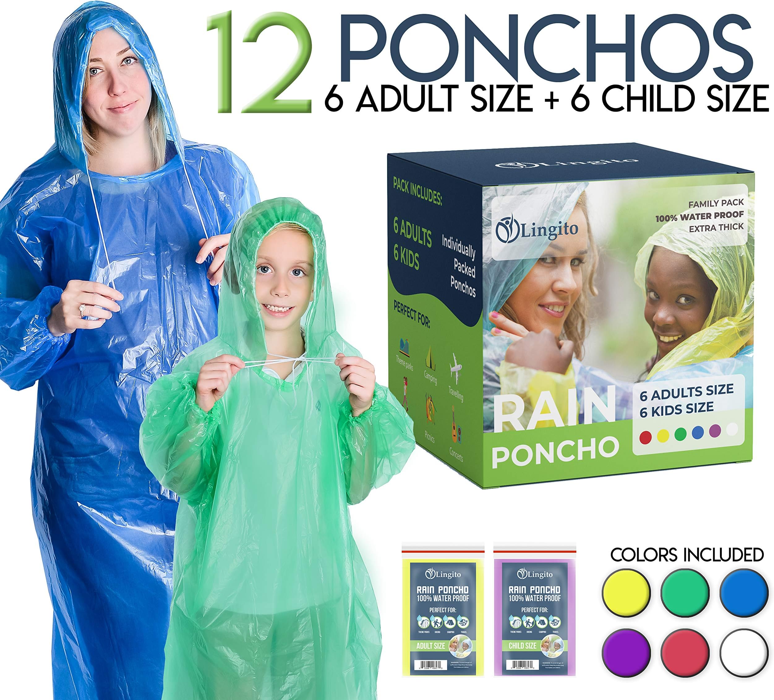 Lingito Rain Ponchos Family Pack | Emergency Raincoat Drawstring Hood Poncho for Children and Adults | Lightweight Reusable or Disposable 4 Pack, 8 Pack or 12 Pack