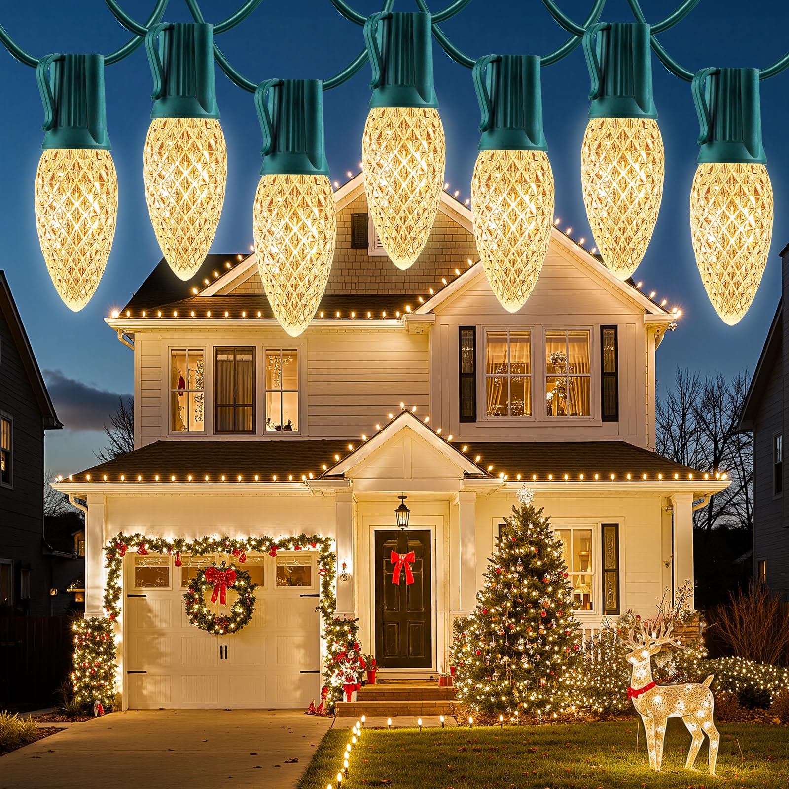 Photo 1 of Minetom C9 Christmas String Lights, 100 Ft LED Commercial Outdoor Christmas Lights with 100 Strawberry C9 Bulbs, Waterproof Connectable UL Certified for Outdoor Indoor Roofline Backyard Xmas Decor