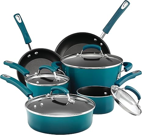 Rachael Ray Brights Nonstick Cookware Pots and Pans Set, 10 Piece, Marine Blue