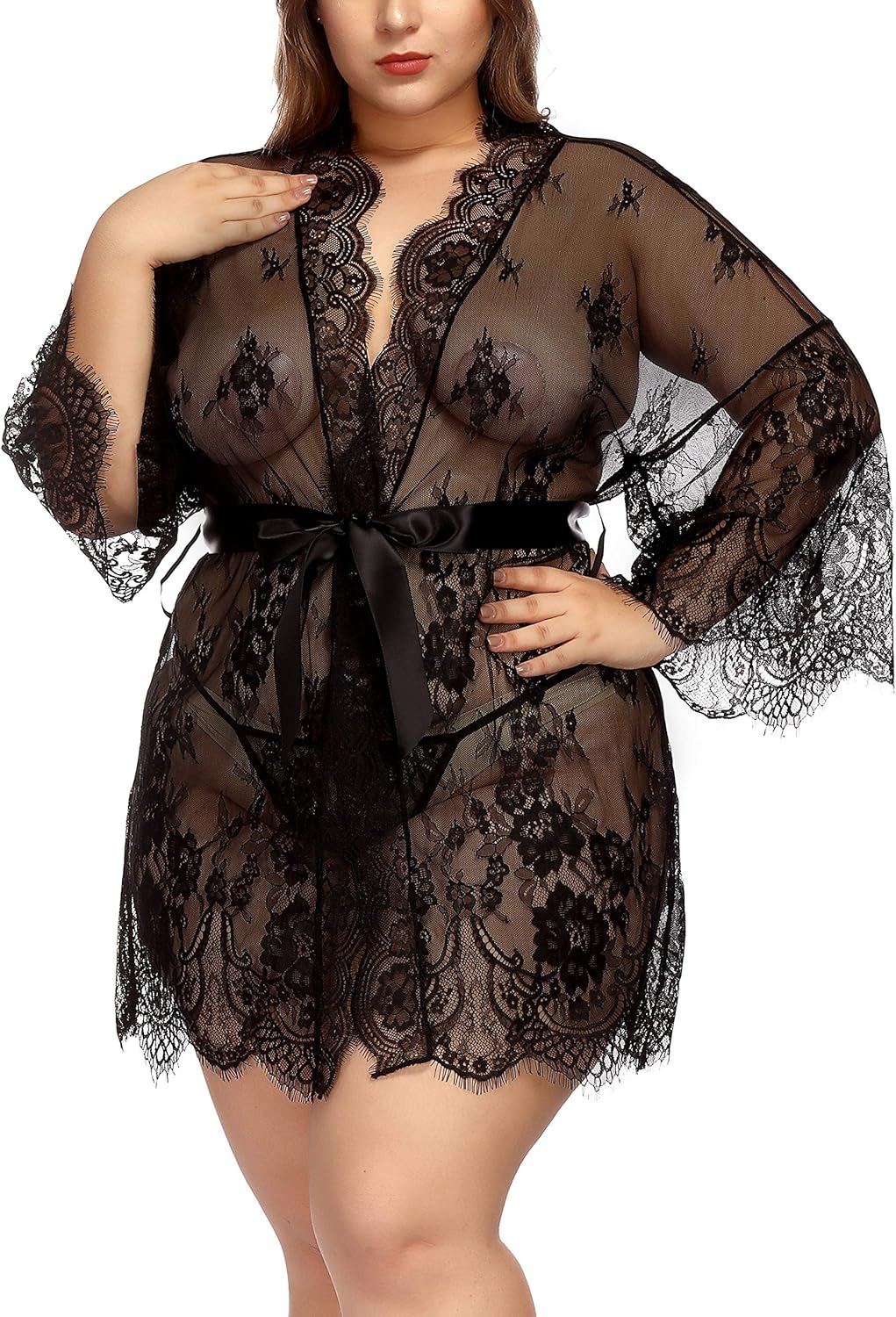TGD Womens Lingerie Lace Plus Size Kimono Robe Mesh Nightgown Dress Sets at  Women’s Clothing store