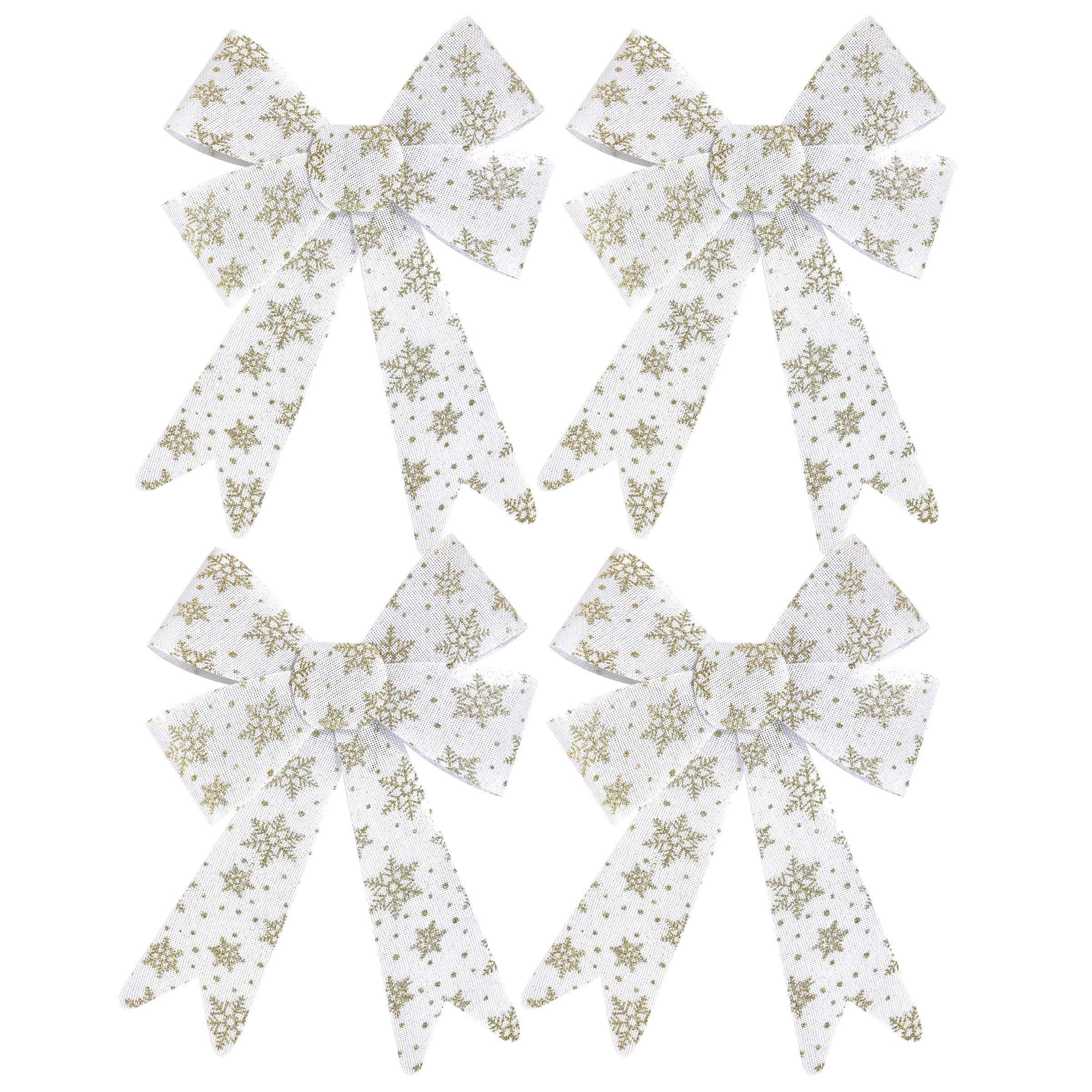 By Robelli Christmas Fabric/Plastic Glitter Bow Decorations - Pre-tied For Tree/Gifts/Table etc (Hessian, Tartan, White Gold) (4 x Medium White Gold Snowflake Glitter Bows (20cm))