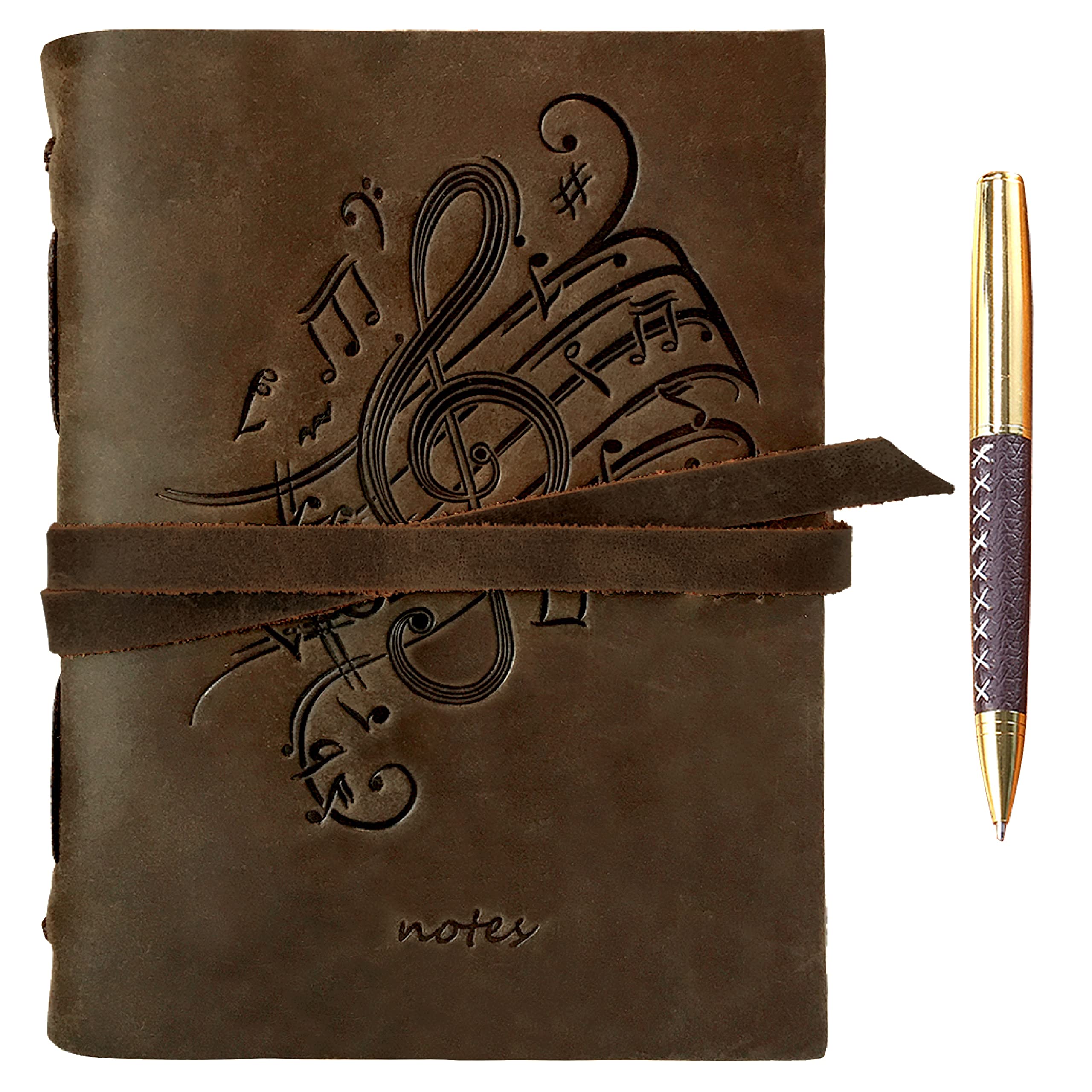 Leather Journal Music Notes Notebook Embossed Handmade Travel Diary | A5 Vintage Writing Bound Journal for Men for Women 6"x8" | Musical Theme Genuine Leather + Pen, Plain Paper for Notes Sketchbook โ image 1