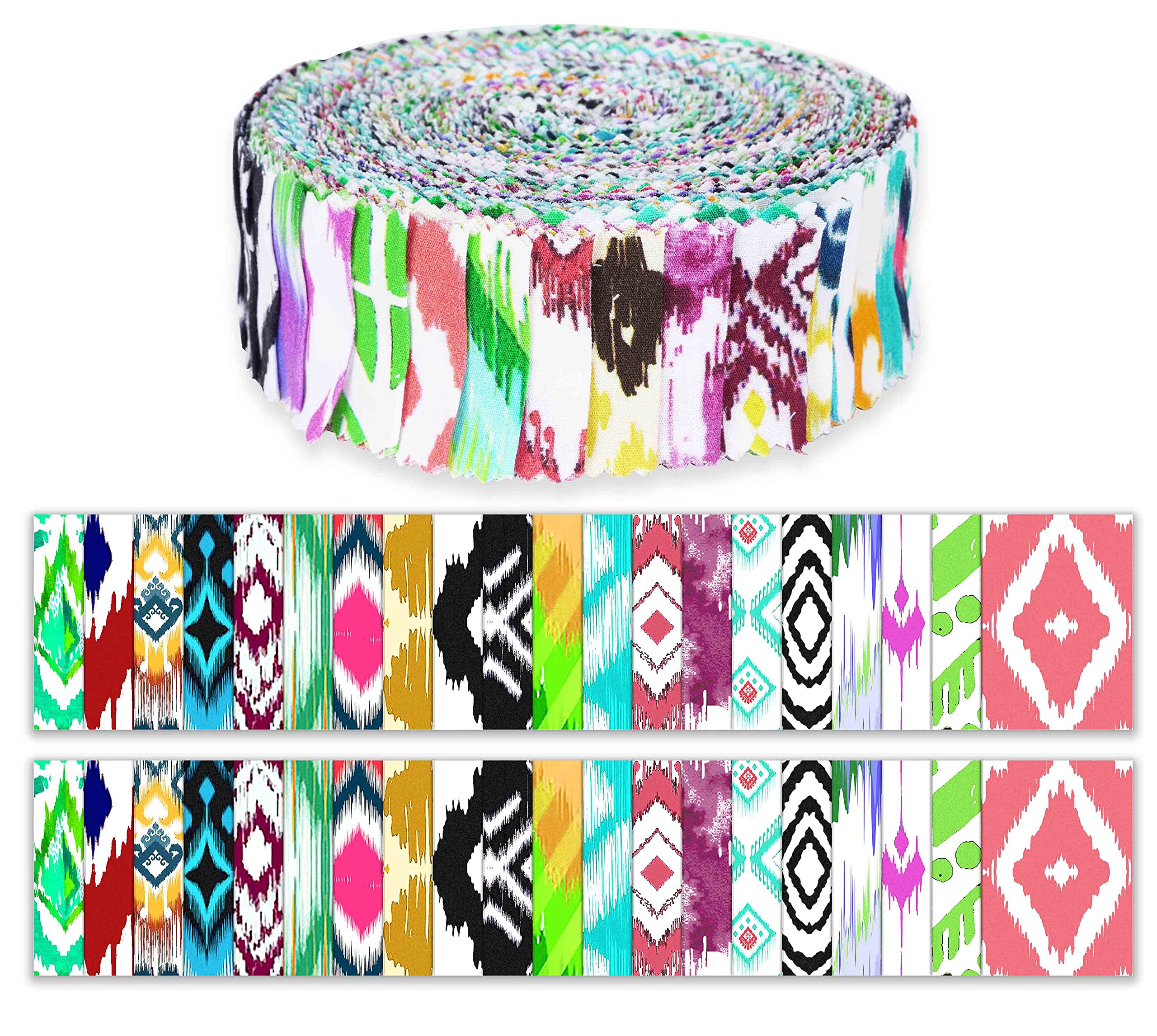 Soimoi 40Pcs Ikat Print Precut Fabrics Strips Roll Up 1.5 inches Cotton Jelly Rolls for Quilting - Multicolor