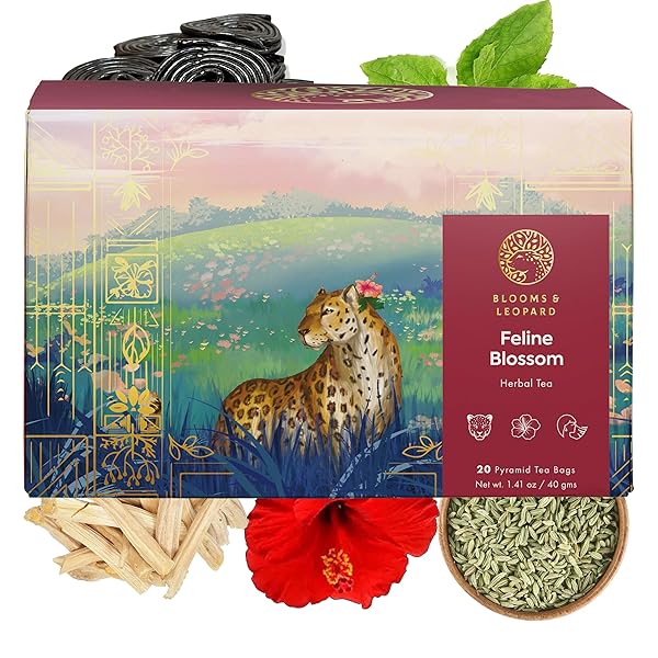 BLOOMS & LEOPARD PREMIUM HERBAL TEA BAGS – FELINE BLOSSOM BLEND WITH HIBISCUS, LICORICE, FENNEL, TULSI & SHATAVARI – CAFFEINE-FREE TEA – 20 PYRAMID TEA BAGS, CAFFEINE-FREE FOR HOT OR ICED TEA