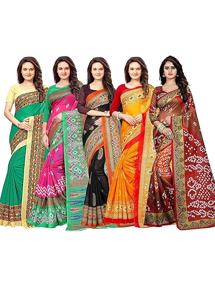Women's Bhagalpuri Raw Silk Saree With Unstitched Blouse (Pack of 5) (BL198_Multicolored)