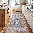 Bloom Rugs Washable Non-Slip 7 ft Runner - Coral/Sky Blue Traditional Medallion Runner for Entryway, Hallway, Bathroom, and Kitchen - Exact Size: 2.5' x 7'