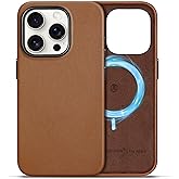 SHIELDON Case for iPhone 15 Pro 5G 6.1", Genuine Leather - Magnetic Wireless Charging - Slim Fit - Non-Slip - Metal Button - Shockproof Protective Case Compatible with iPhone 15 Pro - Saddle Brown