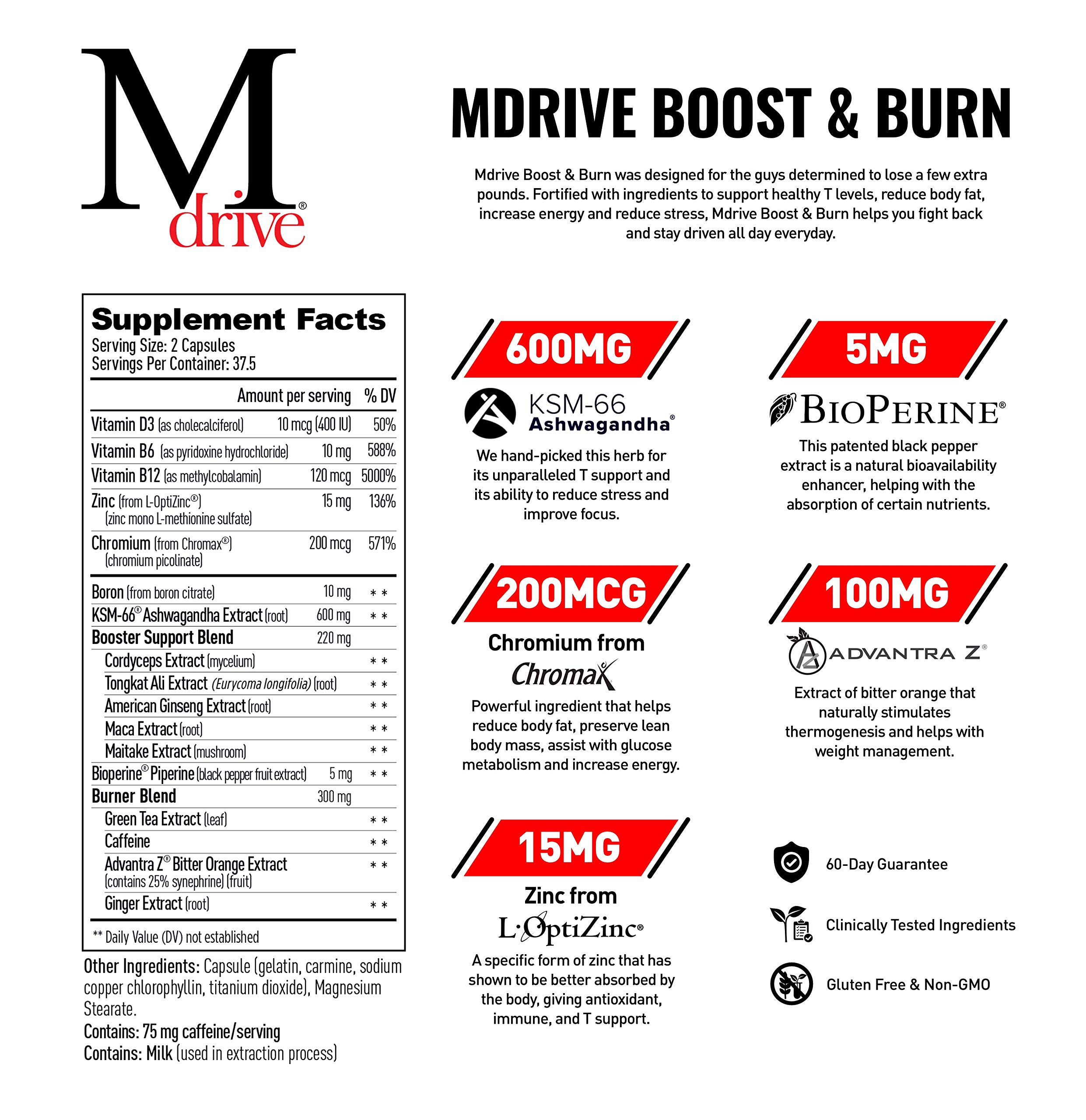 Mdrive Boost and Burn Testosterone Support Supplement and Fat Burner with Zinc, KSM-66 Ashwagandha, Advantra Z, 75 Capsules