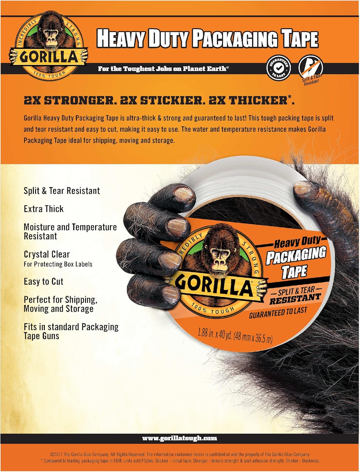 Gorilla Heavy Duty Large Core Packing Tape for Moving, Shipping and Storage, 1.88" x 40 yd, Clear, (Pack of 1): Home Improvement