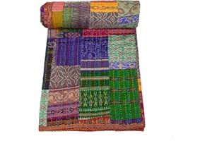 Marubhumi Indian Handmade Quilt Indian Silk Sari Kantha Quilted Patchwork (Multi, Queen (90"x 108"))