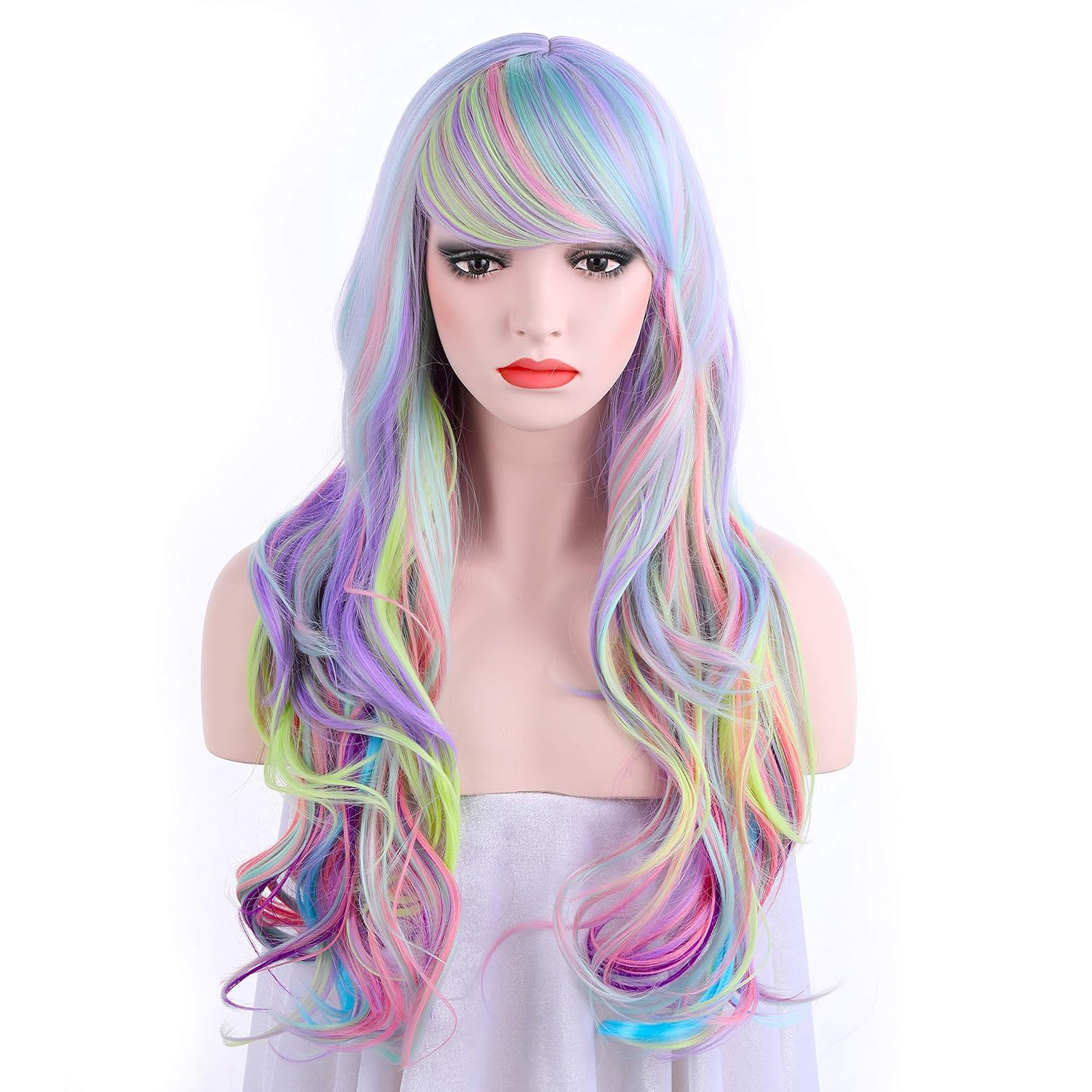 Amazon Com Onedor Long Curly Multi Color Pastel Colorful Rainbow Hair Full Wigs Charming Lolita Cosplay Party Wig Beauty