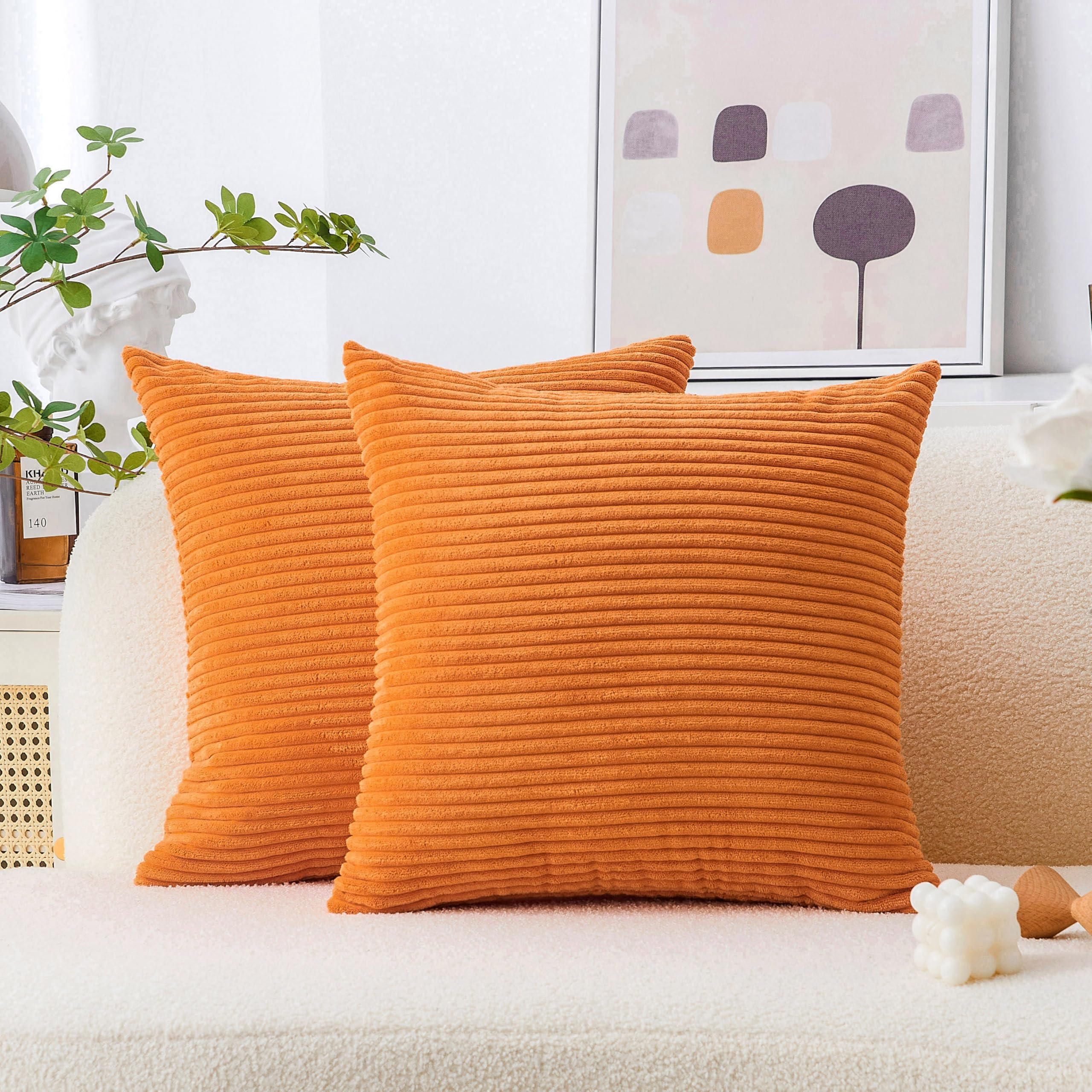 Photo 1 of Home Brilliant Decorative Accent Burnt Orange Fall Pillow Covers Halloween Decoration Set of 2 Striped Corduroy Plush Velvet Cushion Cover for Couch Rust, 40cm, 16 x 16 Inch, Orange