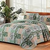 WONGS BEDDING Green Quilt Set King Size,3 Pieces Patchwork Plaid Printed Bedspread Coverlet Set, Floral Soft Microfiber Bedding Set with 1 Quilt 2 Pillowcases(104"×90")