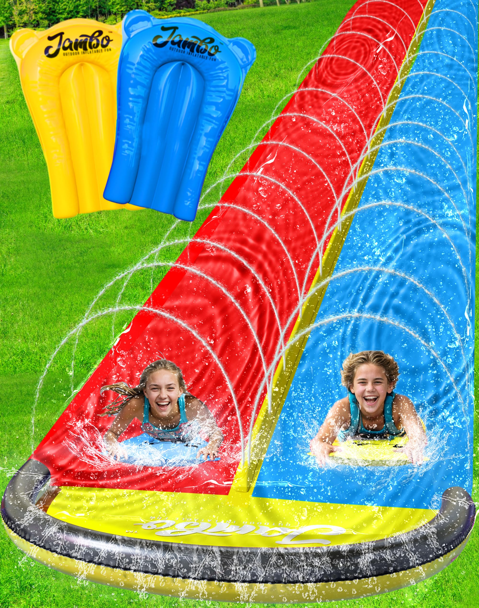 Photo 1 of JAMBO 25ft Double Lane Slip Splash and Slide with 2 Bodyboards with Built in Sprinkler for Backyard Outdoor Water Fun for Kids