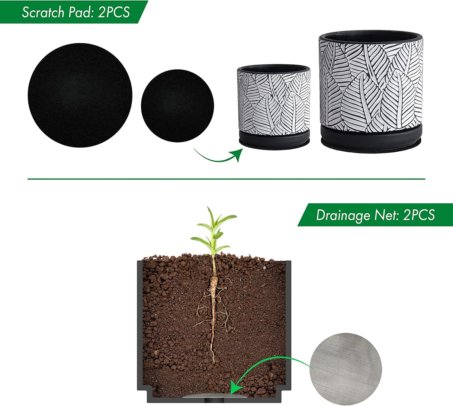Set of 2, Broadleaf Pattern Planter Pot, 4.5 Inch and 6.4 Inch, Pot with Drainage Hole and Saucer, Black/White, 31-958-H-2 : Kitchen & Dining