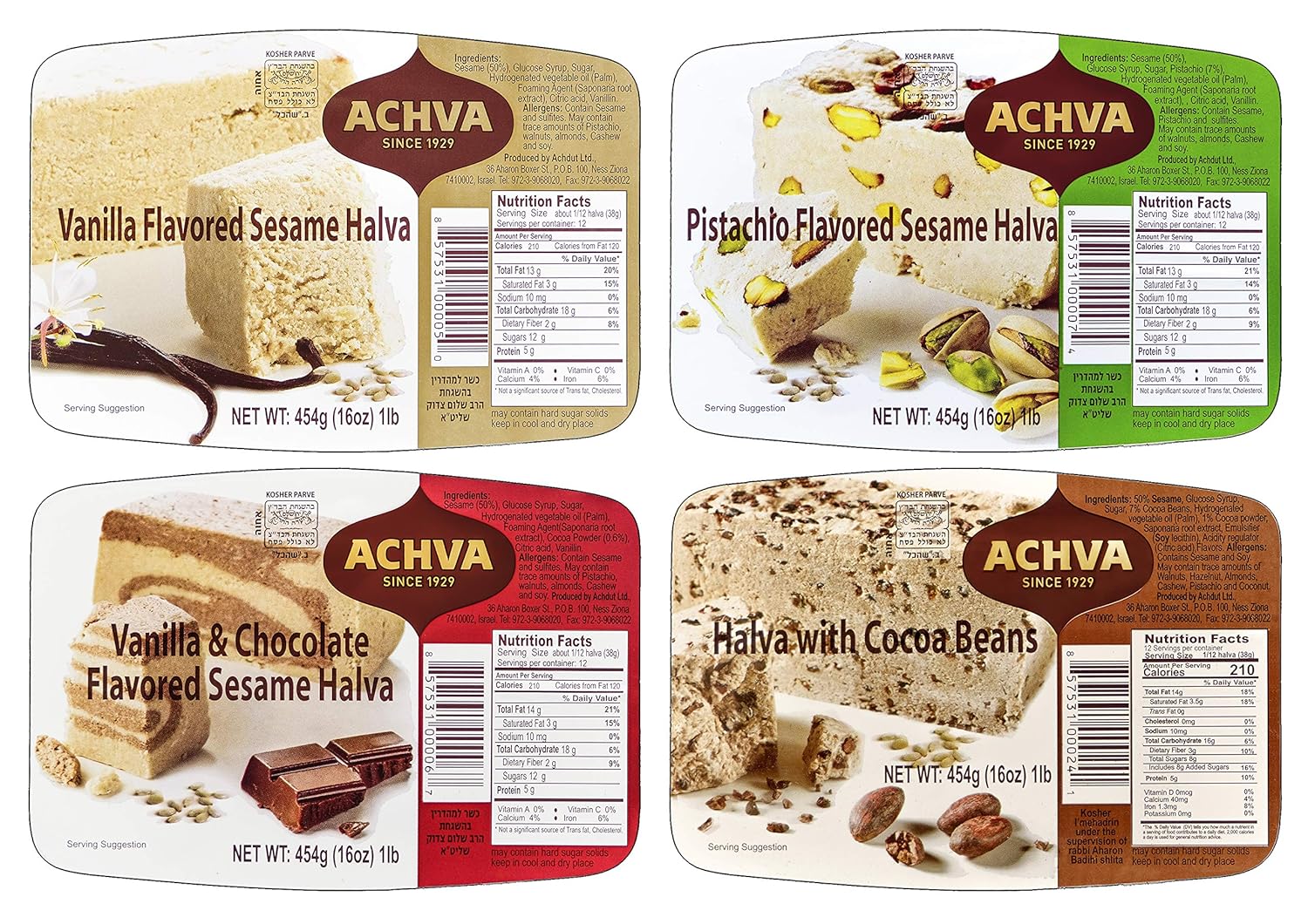 Achva Halva Cocoa Nibs, Vanilla, Marble, Pistachio Halva Variety Pack