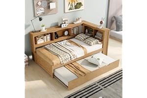 HomSof Twin Size Daybed with Trundle,L-Shaped Bookcases,Storage Cabinets and USB Ports,Wood Color