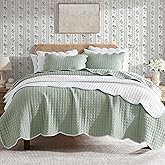 WDCOZY Sage Green Twin Size Quilt Bedding Set, Seafoam Scalloped Farmhouse Country Rustic Lightweight Soft Coverlet for All Season, Cute Cozy Kantha Pick Stitch Bedspread, 1 Pillow Shams