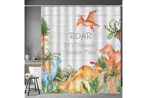 Aimego Cartoon Dinosaur Shower Curtain Yellow Cute Dino Animal Park Pattern Kids Shower Curtain Set with 12 Hooks for Bathroom Decor Accessories Bathtub Curtain, 72"x72"