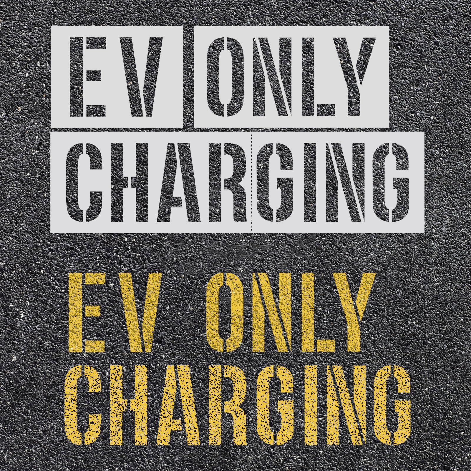 6pcs EV CHARGING ONLY Pavement Stencil, 4 inches Electric Vehicle Charging Station Stencil Reusable Ev Parking Stencil Large Wall Stencils for Painting Parking Lots